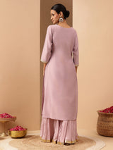 Women's Lavender Silk Blend Yoke Embroidered Straight Kurta