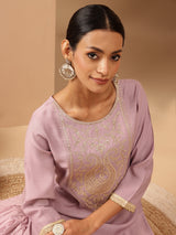 Women's Lavender Silk Blend Yoke Embroidered Straight Kurta