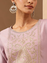 Women's Lavender Silk Blend Yoke Embroidered Straight Kurta