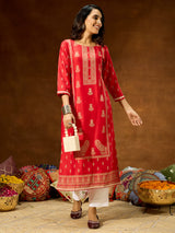 Women's Red Silk Blend Ethnic Printed Straight Kurta