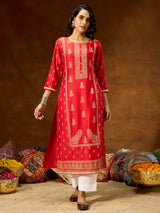 Women's Red Silk Blend Ethnic Printed Straight Kurta