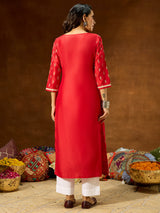 Women's Red Silk Blend Ethnic Printed Straight Kurta