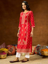 Women's Red Silk Blend Ethnic Printed Straight Kurta