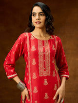 Women's Red Silk Blend Ethnic Printed Straight Kurta