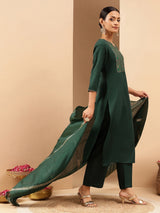 Women's Bottle Green Cotton Blend Yoke Design Straight Kurta Set