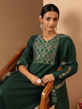 Women's Bottle Green Cotton Blend Yoke Design Straight Kurta Set