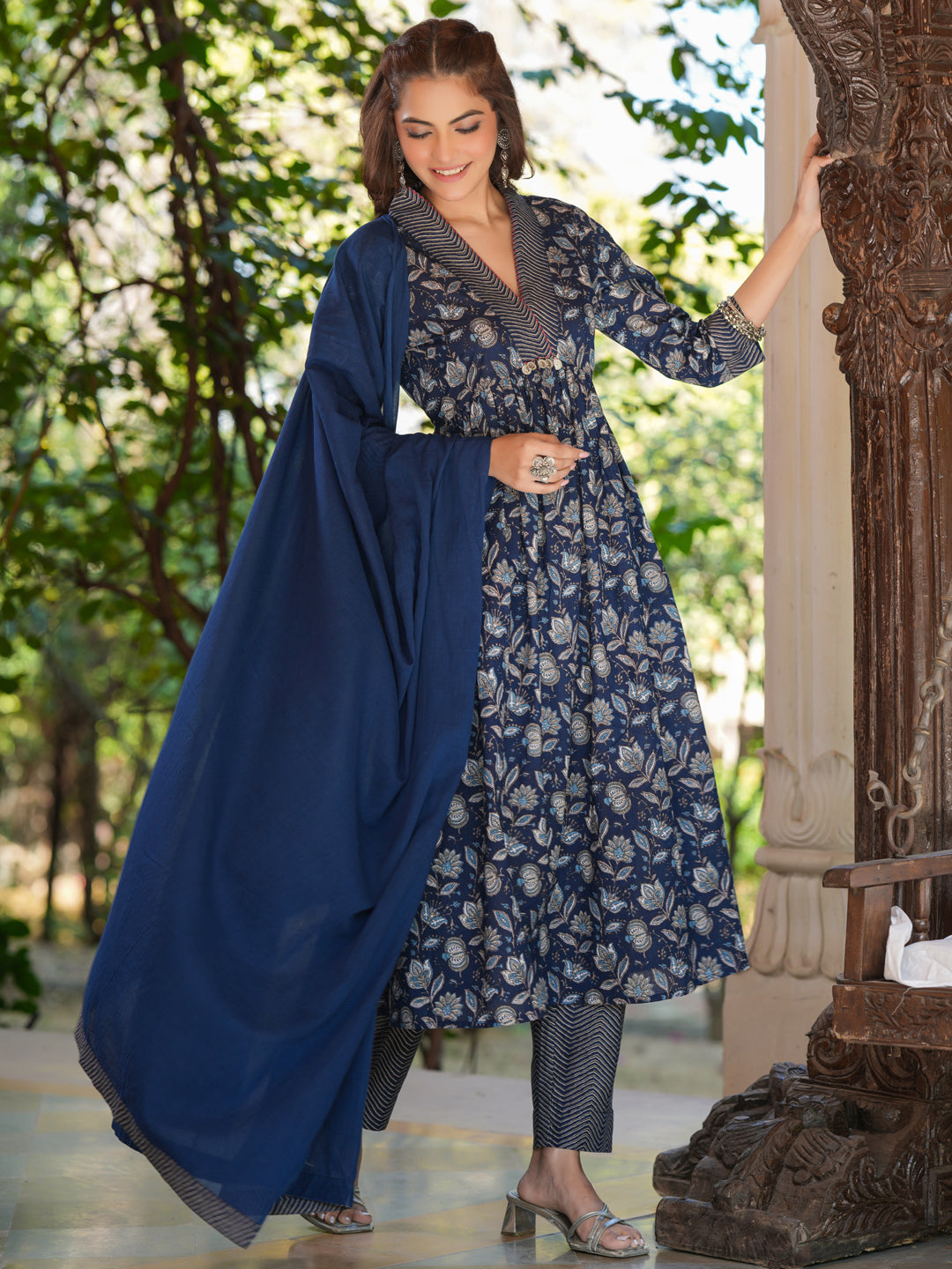 Navy Blue Pure Cotton Floral Printed A-line Kurta Pant With Dupatta Set