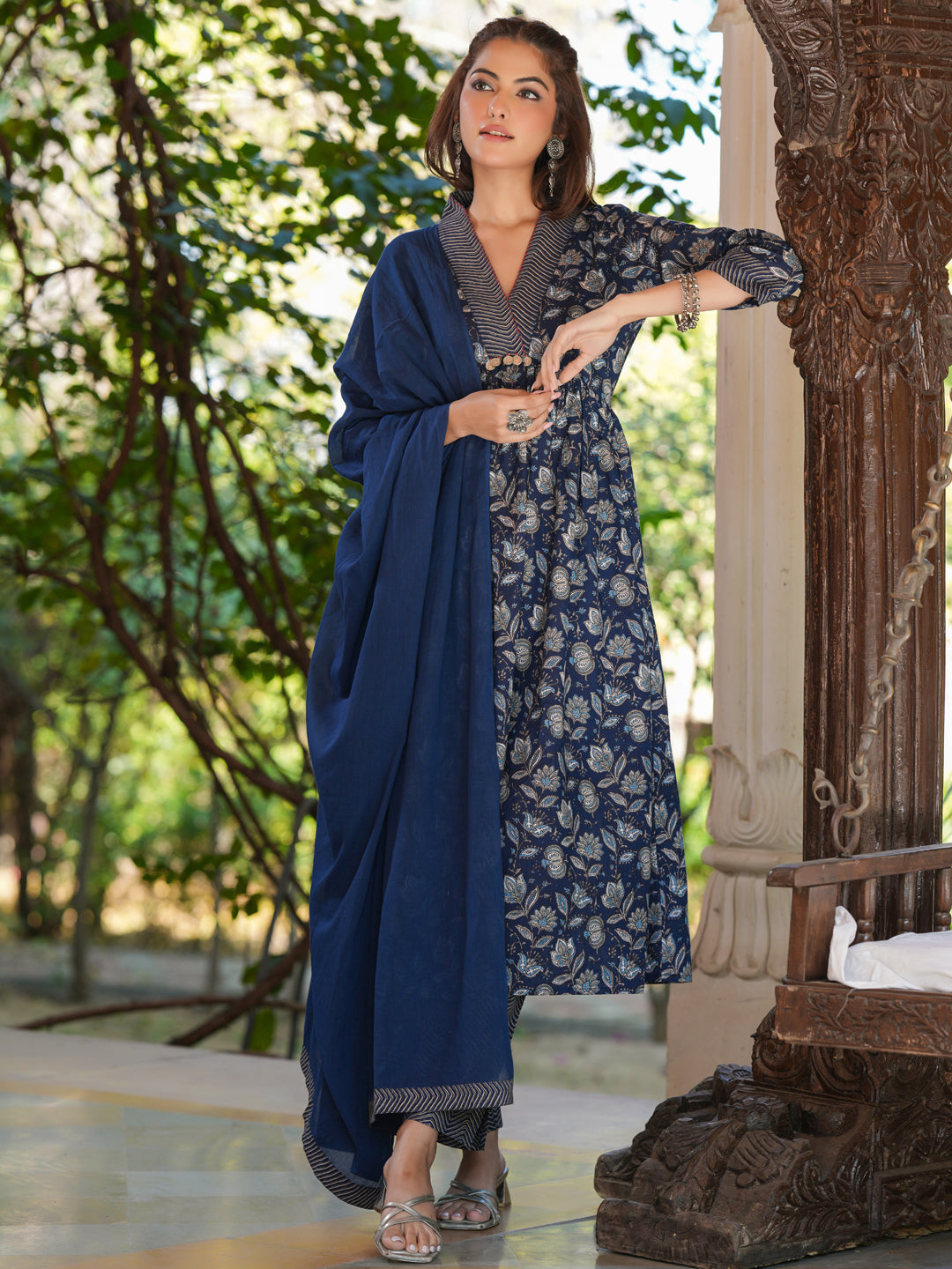 Navy Blue Pure Cotton Floral Printed A-line Kurta Pant With Dupatta Set