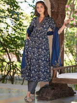 Navy Blue Pure Cotton Floral Printed A-line Kurta Pant With Dupatta Set