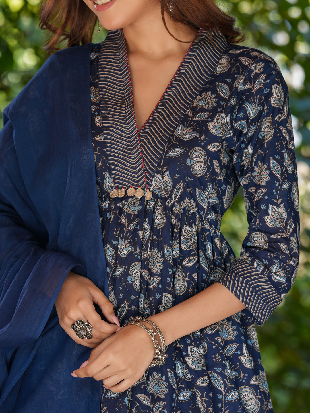 Navy Blue Pure Cotton Floral Printed A-line Kurta Pant With Dupatta Set