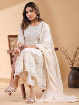 Beige Pure Cotton Ethnic Motif Anarkali Kurta Set for Women