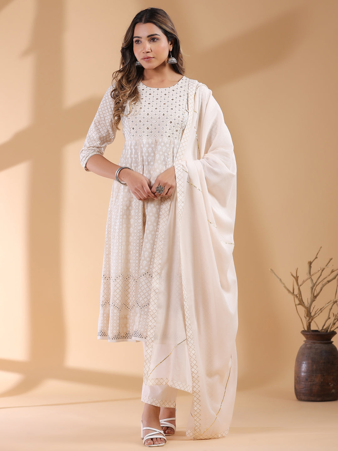 Beige Pure Cotton Ethnic Motif Anarkali Kurta Set for Women