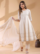 Beige Pure Cotton Ethnic Motif Anarkali Kurta Set for Women