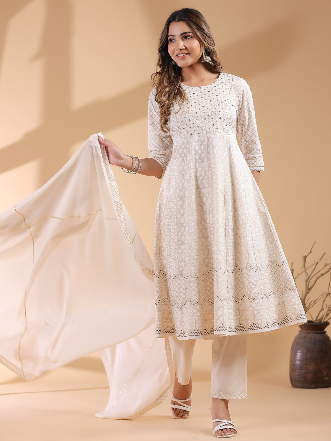 Beige Pure Cotton Ethnic Motif Anarkali Kurta Set for Women