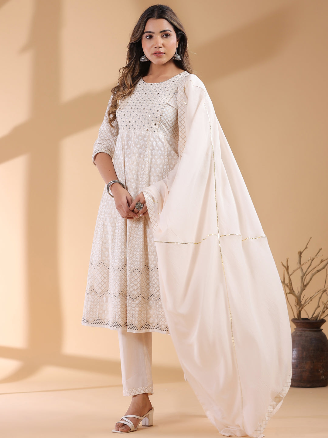 Beige Pure Cotton Ethnic Motif Anarkali Kurta Set for Women