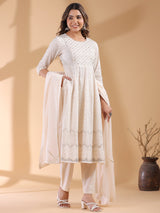 Beige Pure Cotton Ethnic Motif Anarkali Kurta Set for Women