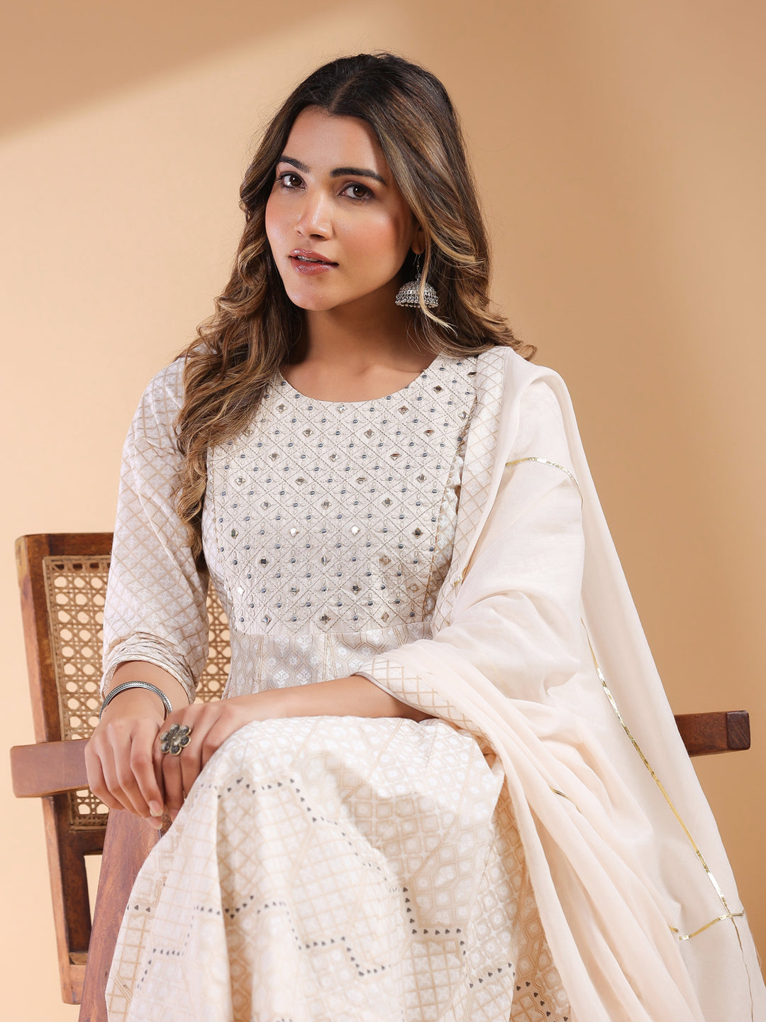 Beige Pure Cotton Ethnic Motif Anarkali Kurta Set for Women