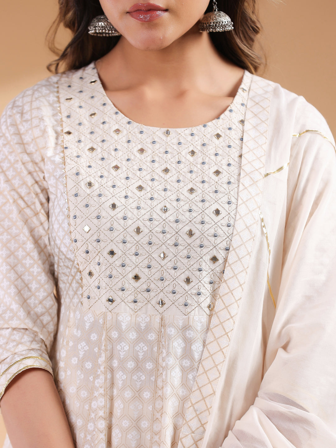 Beige Pure Cotton Ethnic Motif Anarkali Kurta Set for Women