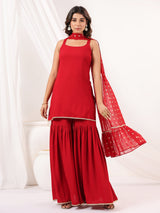 Women's Red Rayon Embellished Straight Kurti With Sharara & Dupatta Set