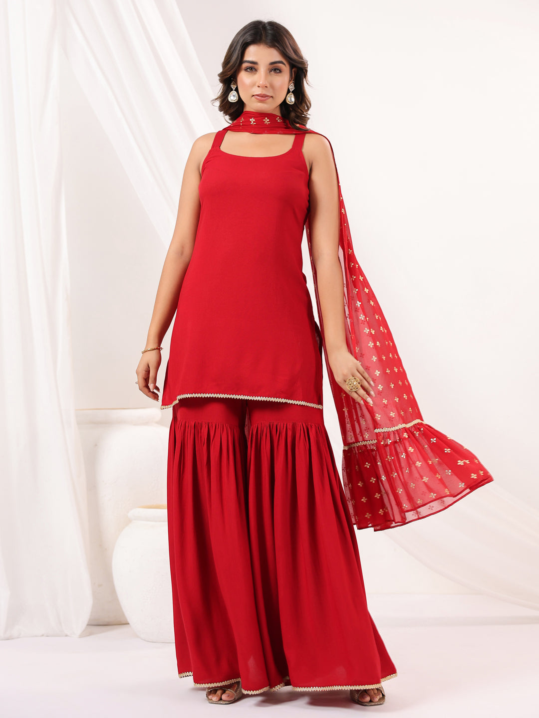Women's Red Rayon Embellished Straight Kurti With Sharara & Dupatta Set