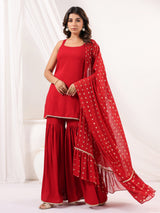 Women's Red Rayon Embellished Straight Kurti With Sharara & Dupatta Set