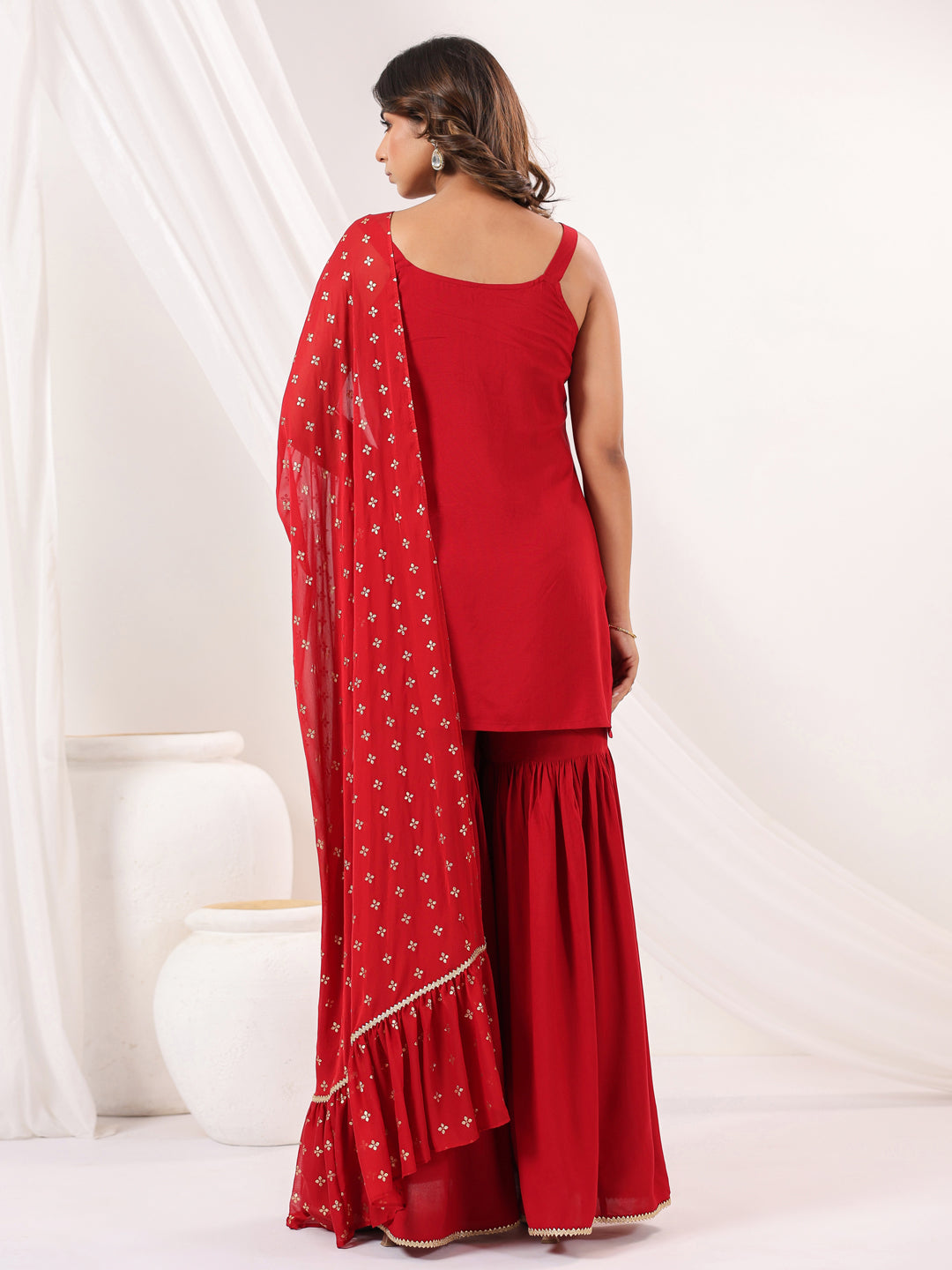 Women's Red Rayon Embellished Straight Kurti With Sharara & Dupatta Set