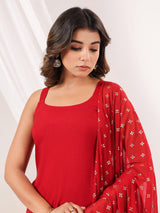 Women's Red Rayon Embellished Straight Kurti With Sharara & Dupatta Set