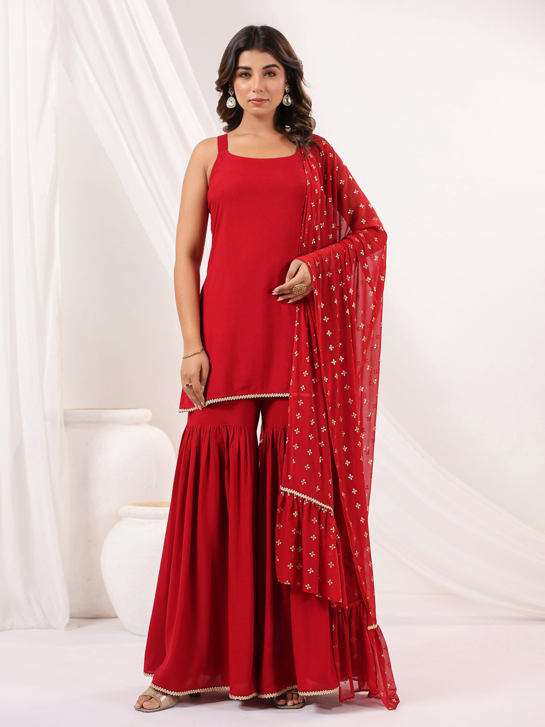 Women's Red Rayon Embellished Straight Kurti With Sharara & Dupatta Set
