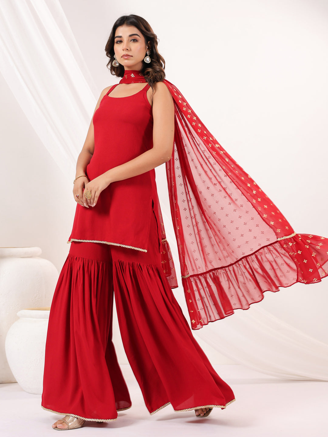 Women's Red Rayon Embellished Straight Kurti With Sharara & Dupatta Set