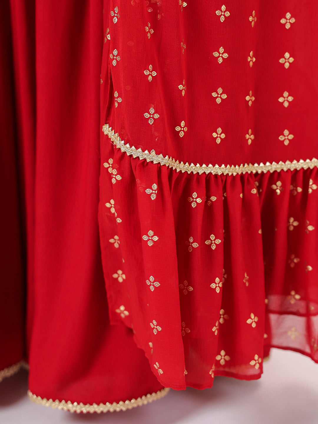 Women's Red Rayon Embellished Straight Kurti With Sharara & Dupatta Set