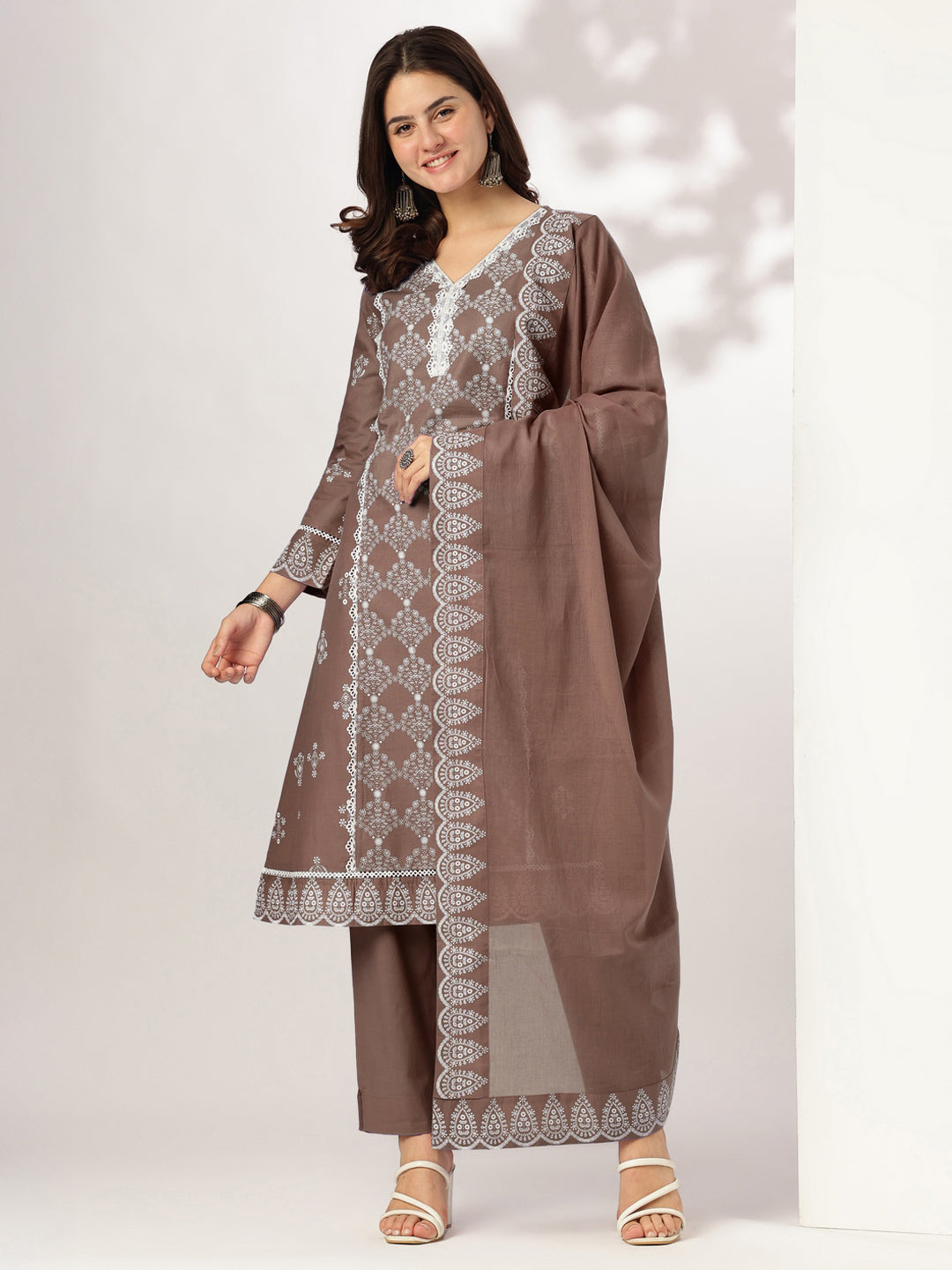 Women's Brown Pure Cotton Ethnic Motifs Printed A-line Kurta Set