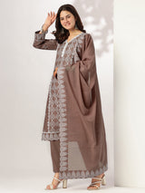 Women's Brown Pure Cotton Ethnic Motifs Printed A-line Kurta Set