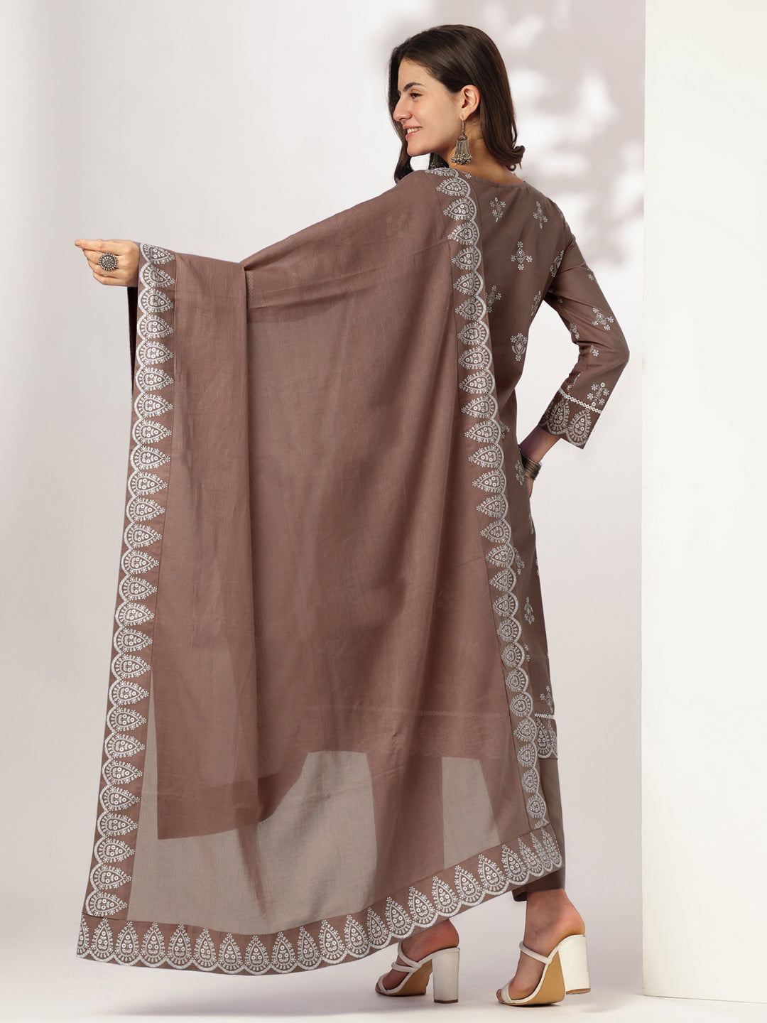 Women's Brown Pure Cotton Ethnic Motifs Printed A-line Kurta Set