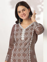 Women's Brown Pure Cotton Ethnic Motifs Printed A-line Kurta Set
