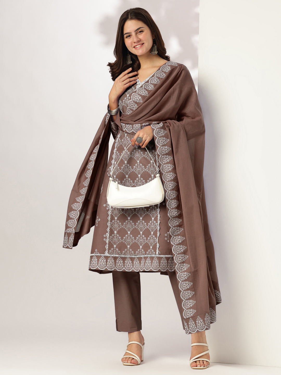 Women's Brown Pure Cotton Ethnic Motifs Printed A-line Kurta Set