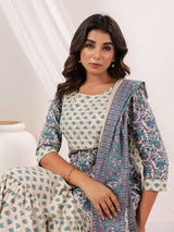 Women's Cream Pure Cotton Floral Printed Yoke Design Straight Kurta With Sharara & Dupatta Set