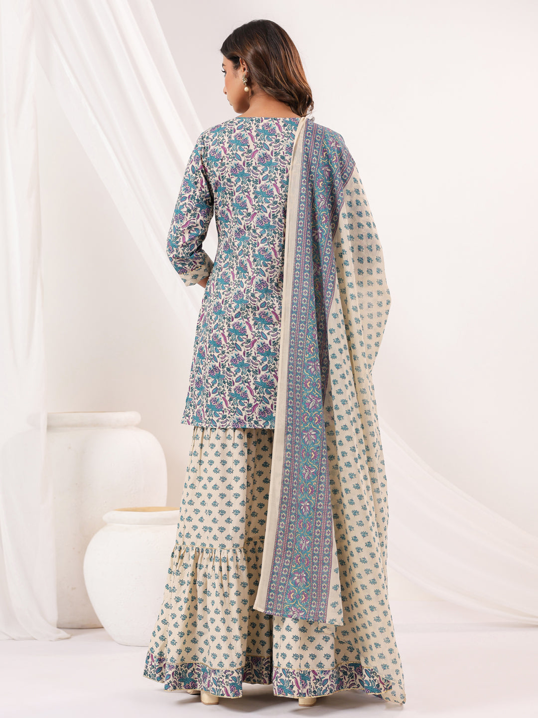 Women's Cream Pure Cotton Floral Printed Yoke Design Straight Kurta With Sharara & Dupatta Set
