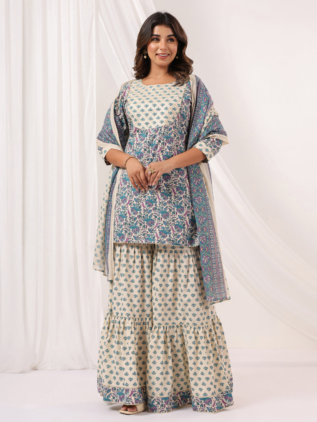 Women's Cream Pure Cotton Floral Printed Yoke Design Straight Kurta With Sharara & Dupatta Set