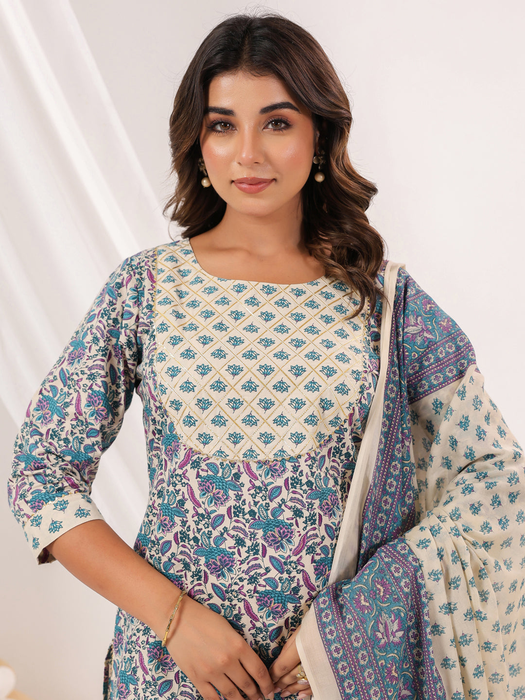 Women's Cream Pure Cotton Floral Printed Yoke Design Straight Kurta With Sharara & Dupatta Set