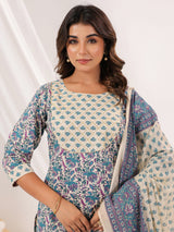 Women's Cream Pure Cotton Floral Printed Yoke Design Straight Kurta With Sharara & Dupatta Set