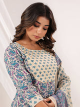 Women's Cream Pure Cotton Floral Printed Yoke Design Straight Kurta With Sharara & Dupatta Set