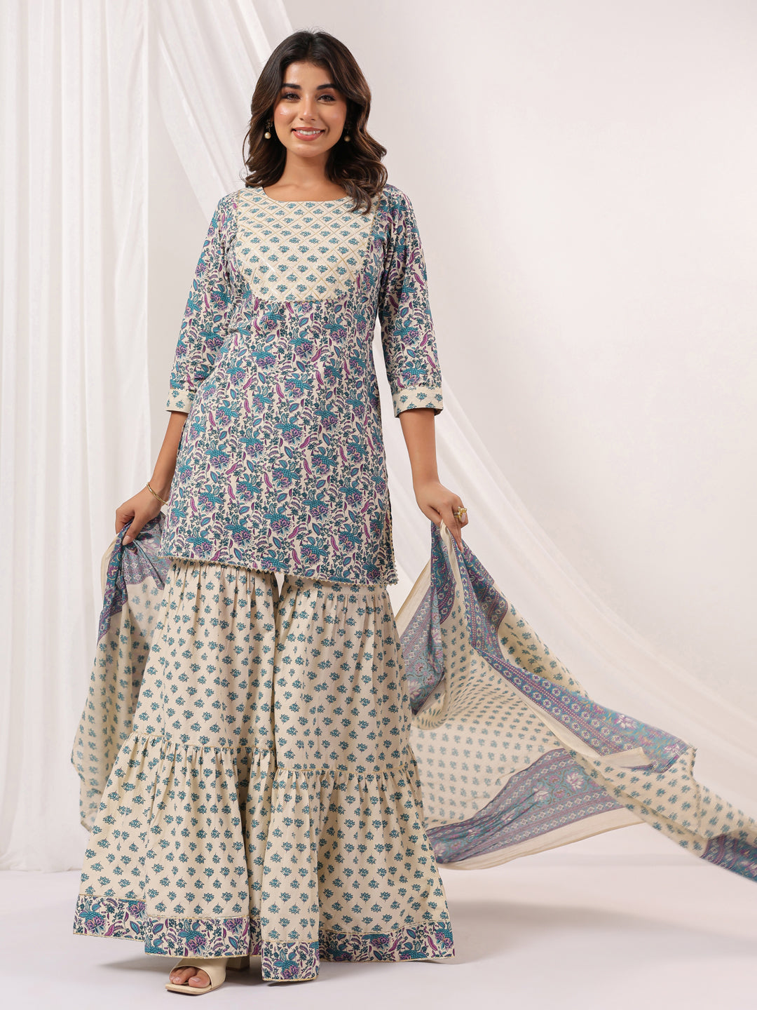 Women's Cream Pure Cotton Floral Printed Yoke Design Straight Kurta With Sharara & Dupatta Set