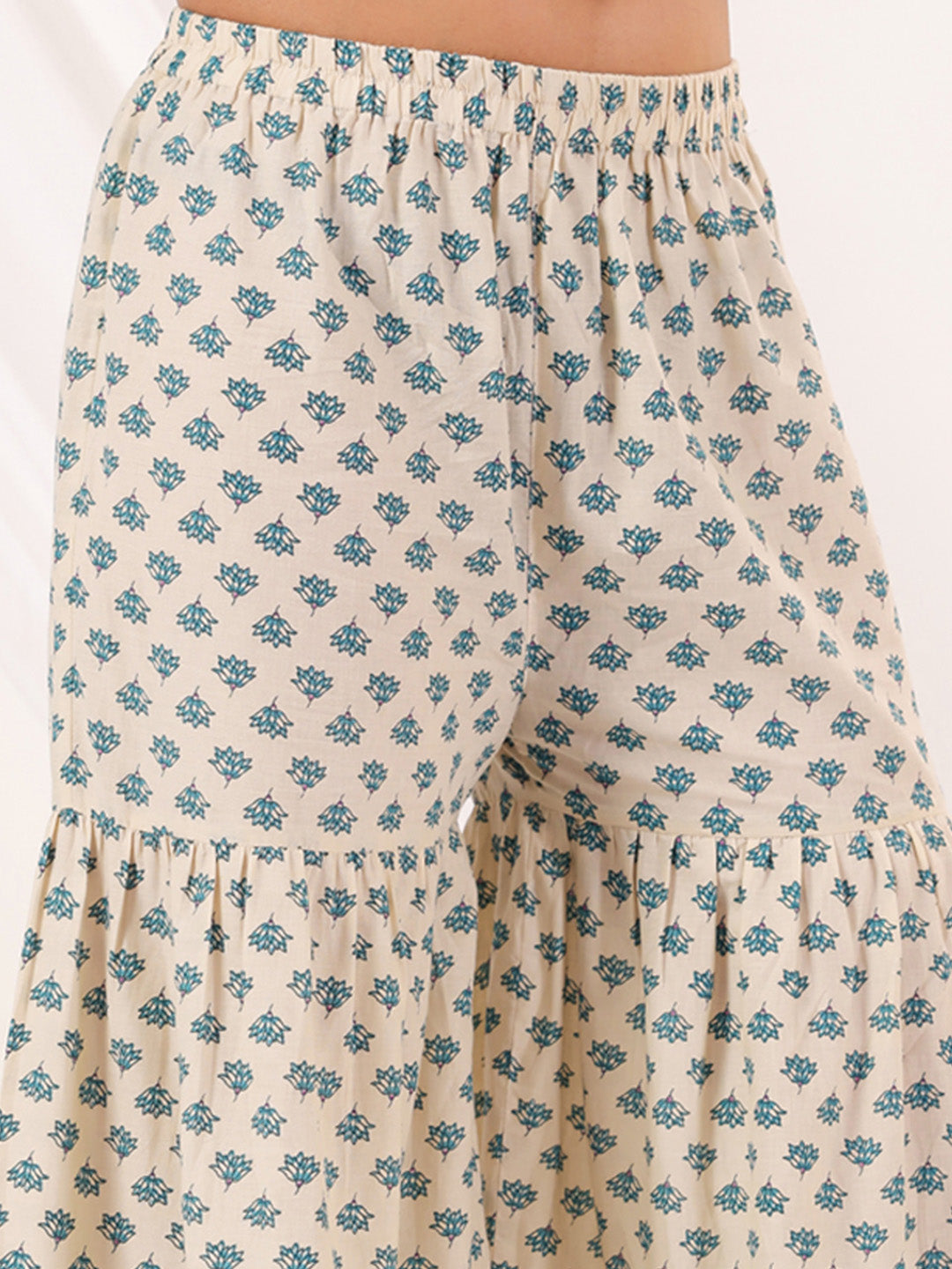 Women's Cream Pure Cotton Floral Printed Yoke Design Straight Kurta With Sharara & Dupatta Set