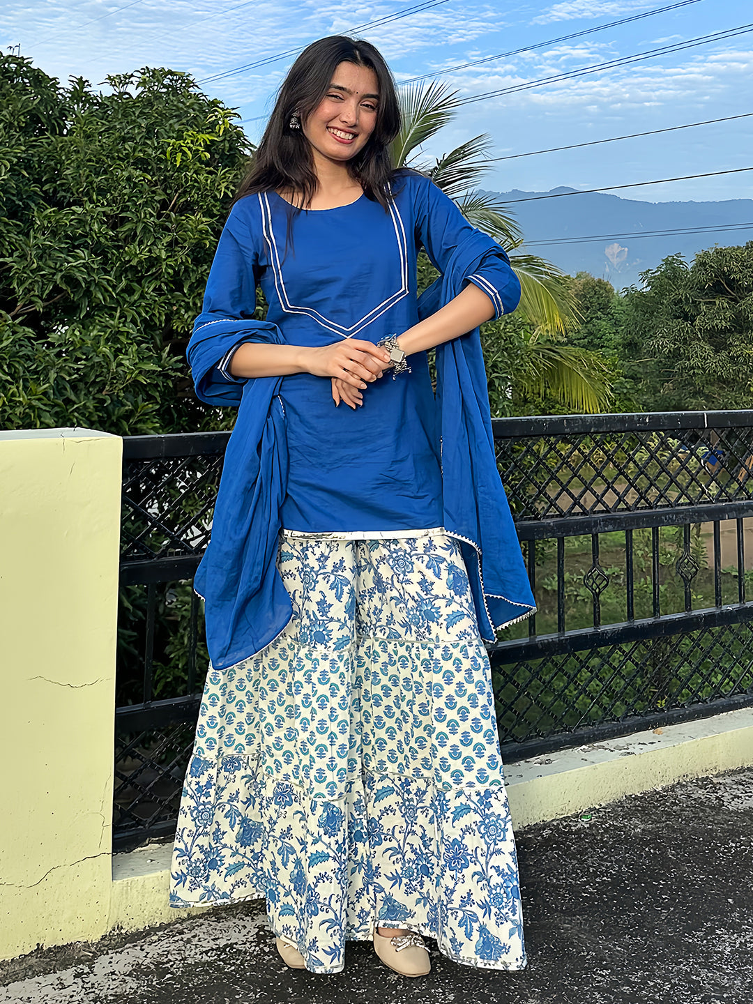 Women's Blue Pure Cotton Yoke Design Straight Kurti With Printed Sharara & Dupatta Set