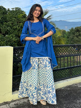Women's Blue Pure Cotton Yoke Design Straight Kurti With Printed Sharara & Dupatta Set