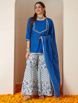 Women's Blue Pure Cotton Yoke Design Straight Kurti With Printed Sharara & Dupatta Set