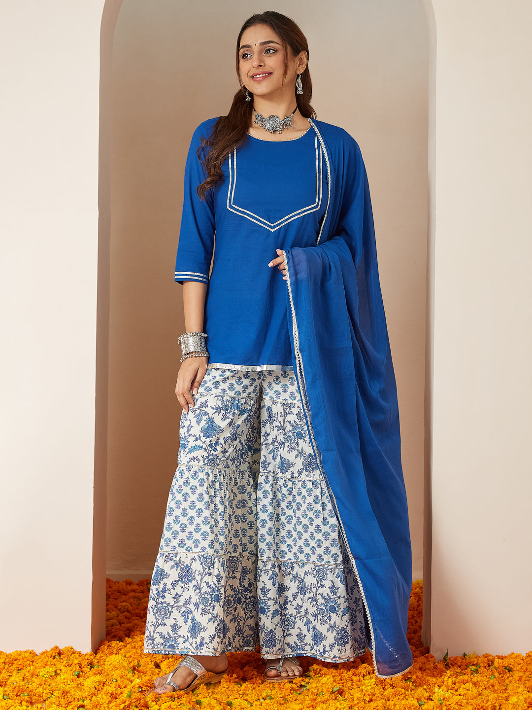 Women's Blue Pure Cotton Yoke Design Straight Kurti With Printed Sharara & Dupatta Set