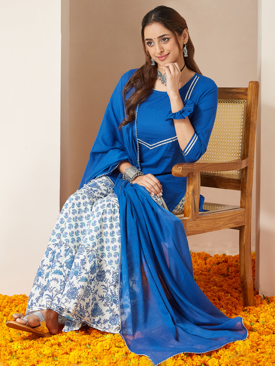 Women's Blue Pure Cotton Yoke Design Straight Kurti With Printed Sharara & Dupatta Set