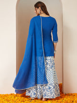 Women's Blue Pure Cotton Yoke Design Straight Kurti With Printed Sharara & Dupatta Set
