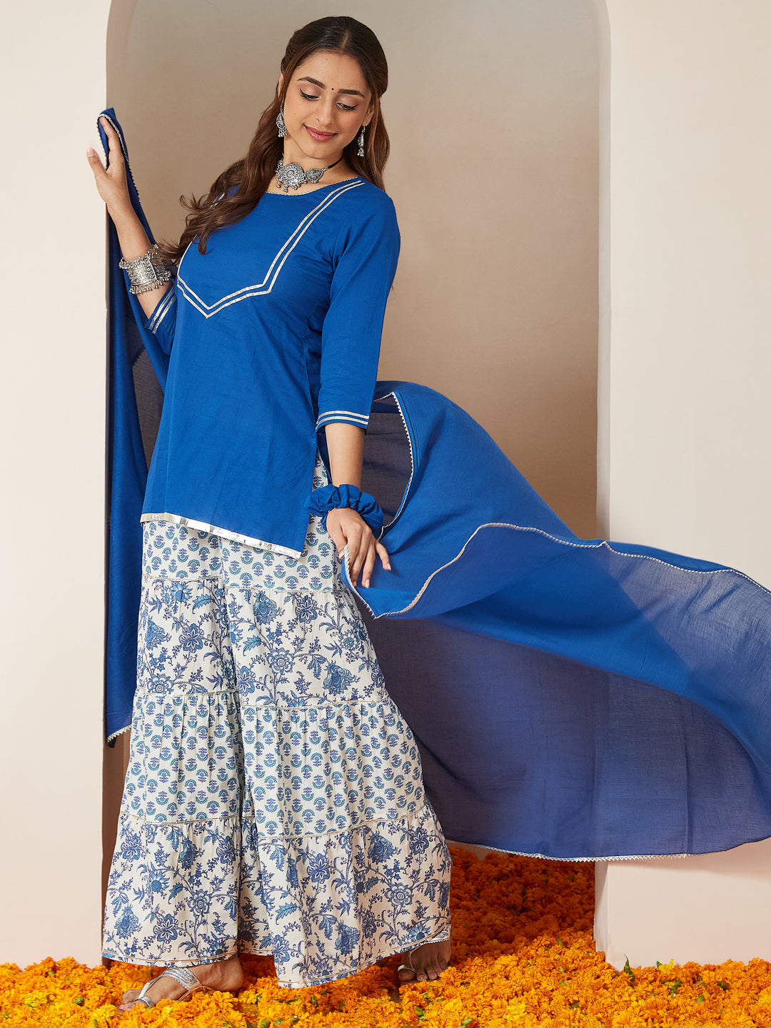 Women's Blue Pure Cotton Yoke Design Straight Kurti With Printed Sharara & Dupatta Set